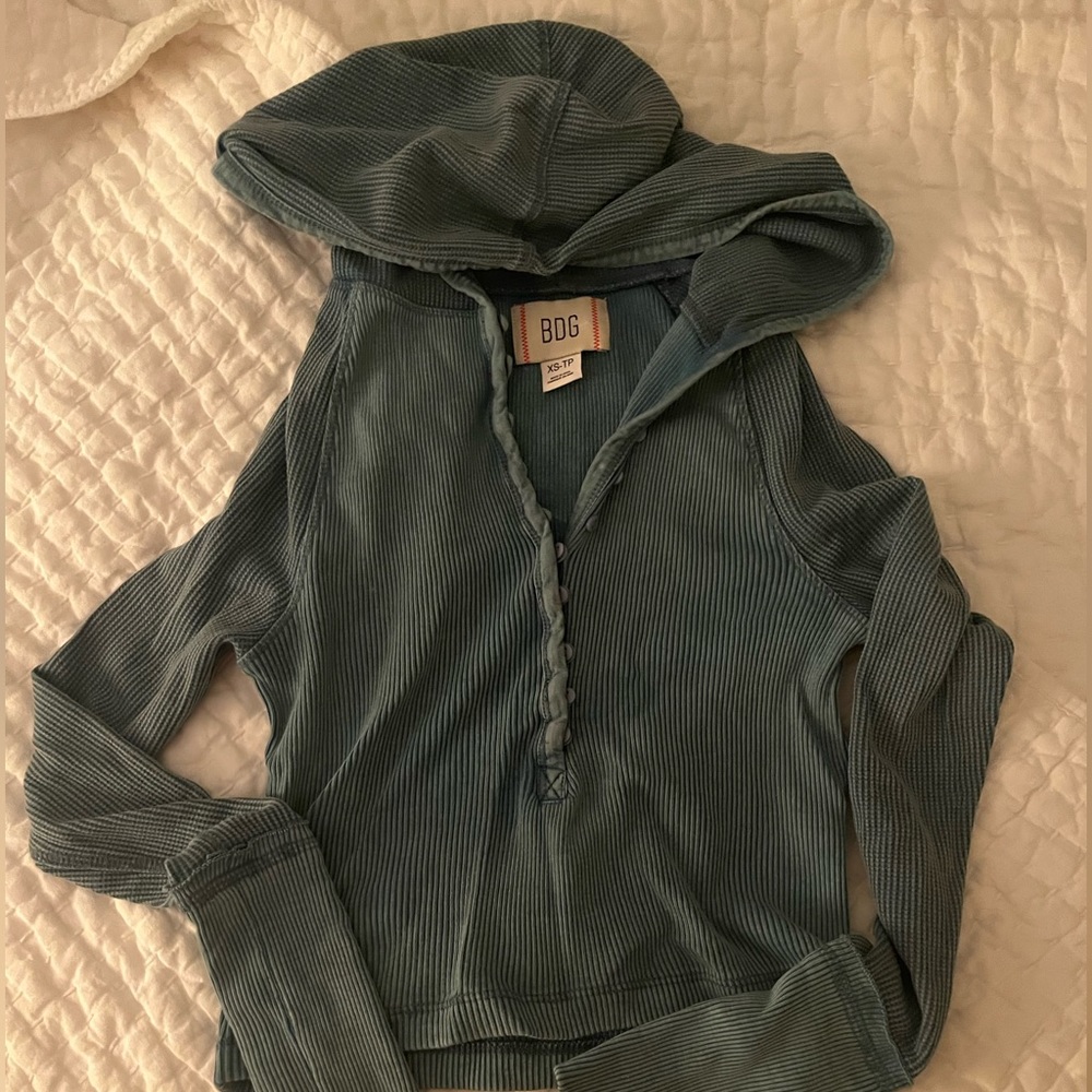 Blue long sleeve top with hood